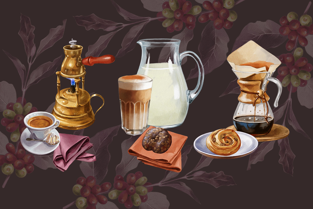 Watercolor coffee composition, a Food Illustration by IrynaPanashii (Photo 8 of 8)