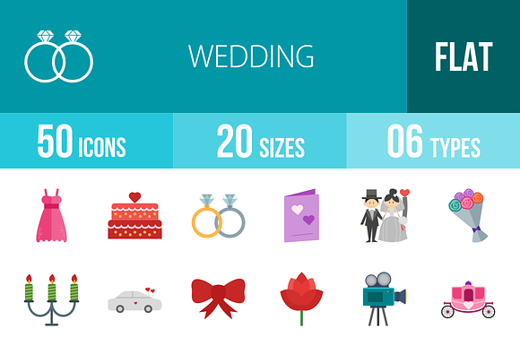 50 Wedding Flat Multicolor Icons