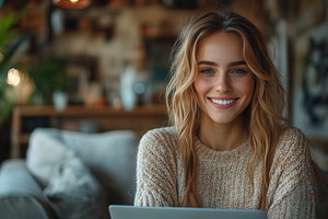 Smiling young woman with laptop enjo, a Photo by Tanuart