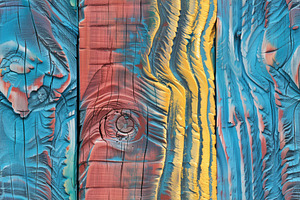 A Vibrant Abstract Texture Of Painted Wood Planks In Blue, Red, And Yellow Hues