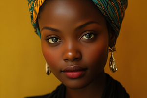A portrait of a african woman with a colorful headwrap and elegant earrings, se, a Person Photo by Textures & Backgrounds