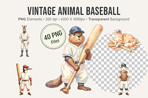 Vintage Animal Baseball PNGs, an Illustration by Artnoy
