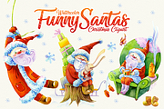 Funny Santas Clipart Watercolor, a Decorative Illustration by ElephantArts (Thumbnail 1 of 10)