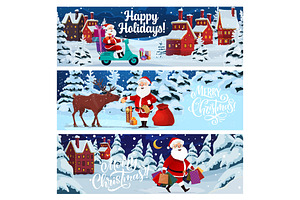 Christmas banners, Santa on scooter, an Illustration by Vector Tradition