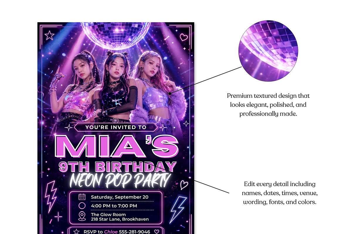 Neon Pop Girls Dance Party Invite, an Invitation Template by heynomi (Photo 7 of 19)