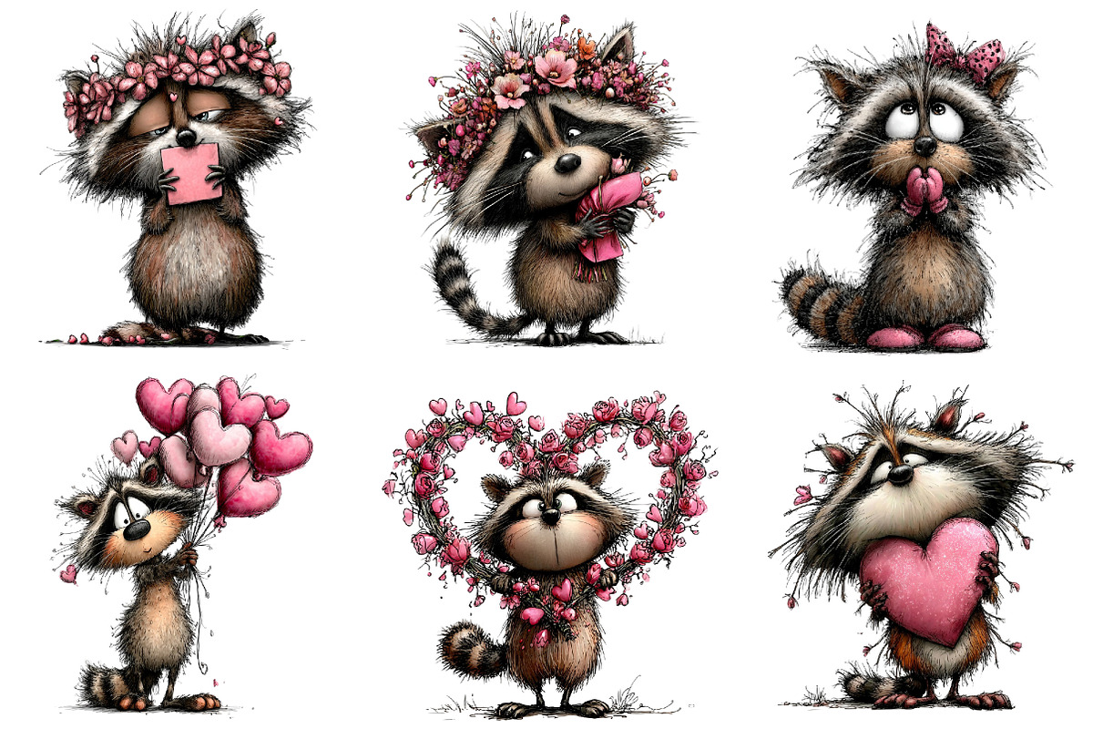 Whimsical Valentine Raccoon Clipart, an Illustration by Dream Creation (Photo 2 of 7)