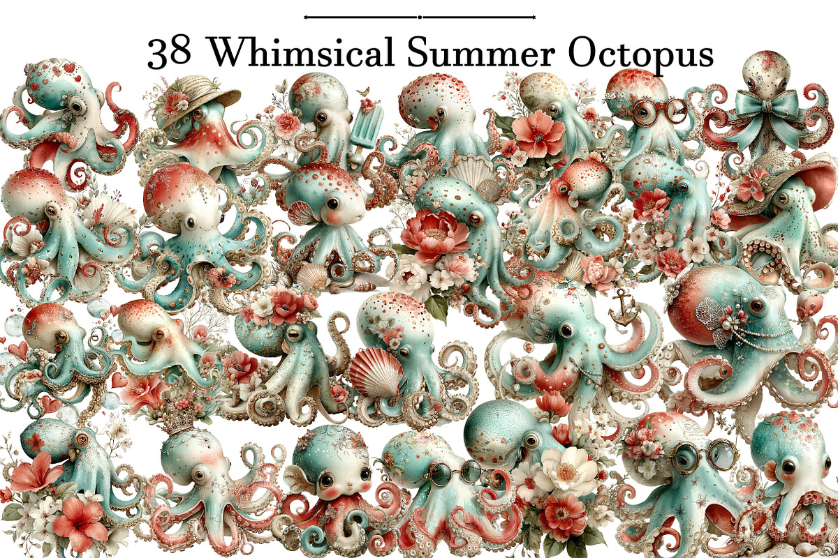 Whimsical Summer Octopus Clipart, an Illustration by DreamArtGraphic (Photo 1 of 5)