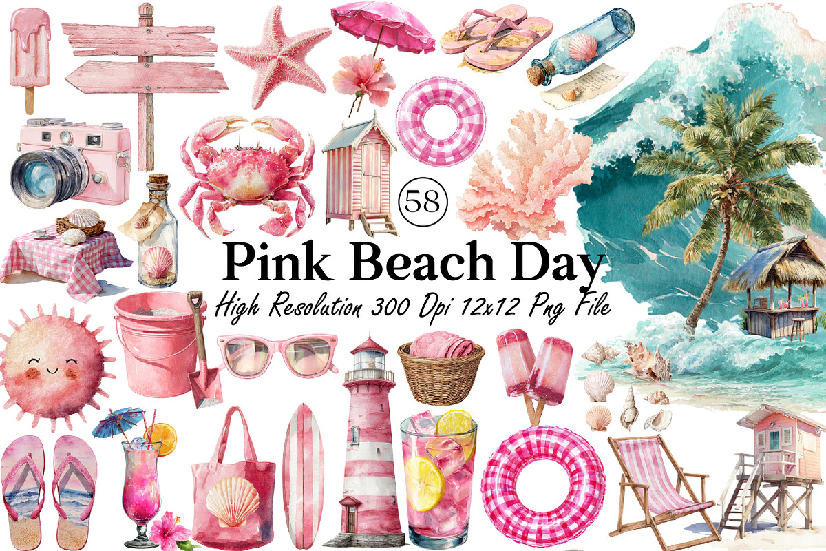Watercolor Pink Beach Day Clipart, an Illustration by DreamCafeArt (Photo 1 of 8)