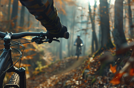 Cyclist on mountain bike riding on a bike on forest path, a Sports & Recreation Photo by AlyaAnd