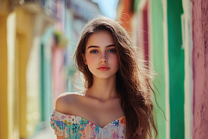 Young woman enjoying summer in a colorful street with vibrant buildings and bri, a Person Photo by AlyaAnd