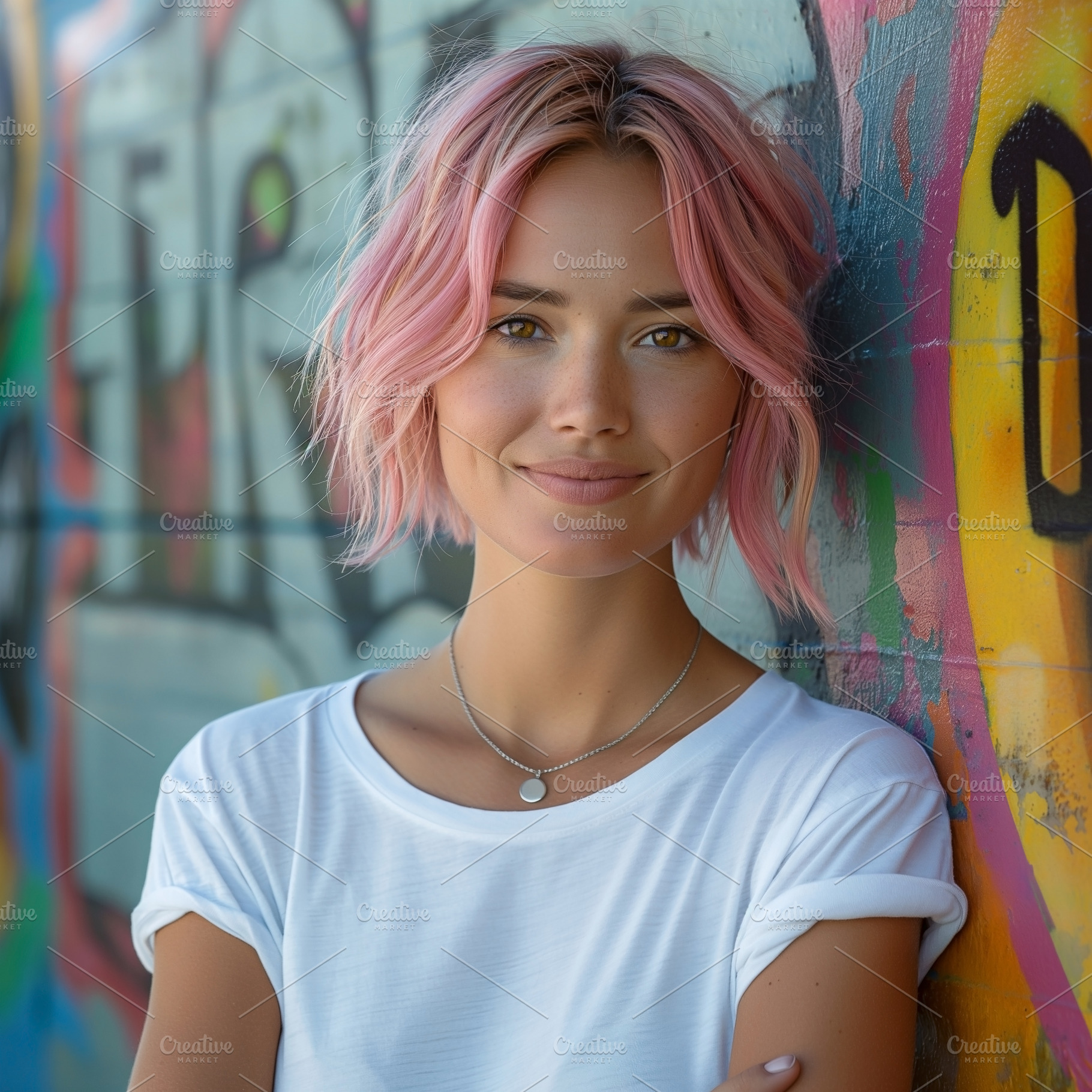 A young woman with short pink hair smiles confidently in front of a vibrant gra, a Person Photo by ImageMir
