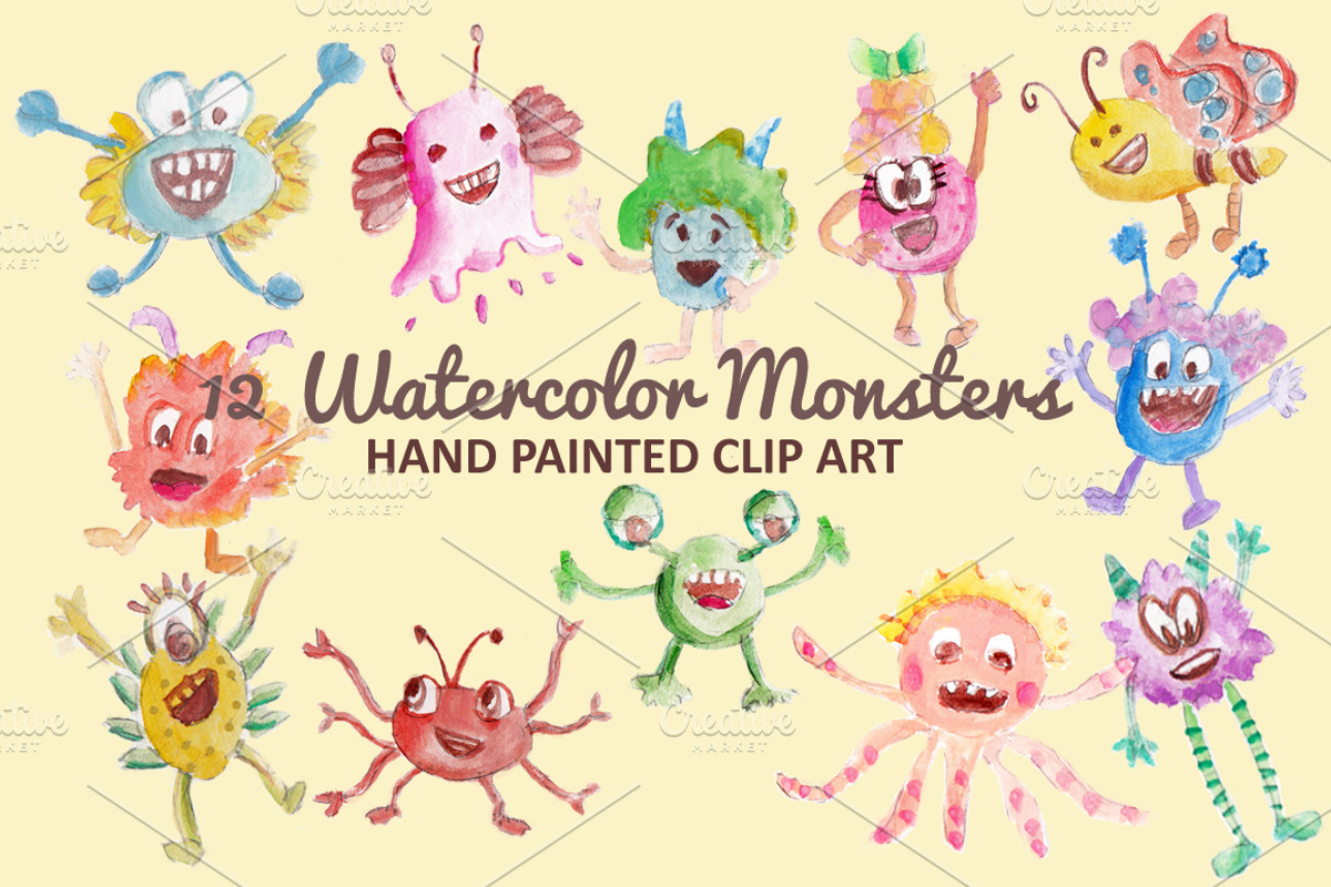 Watercolor Monsters Clip Art, a Decorative Illustration by audeemirza