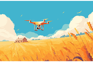cartoon drone flying over wheat, an Illustration by LadadikArt