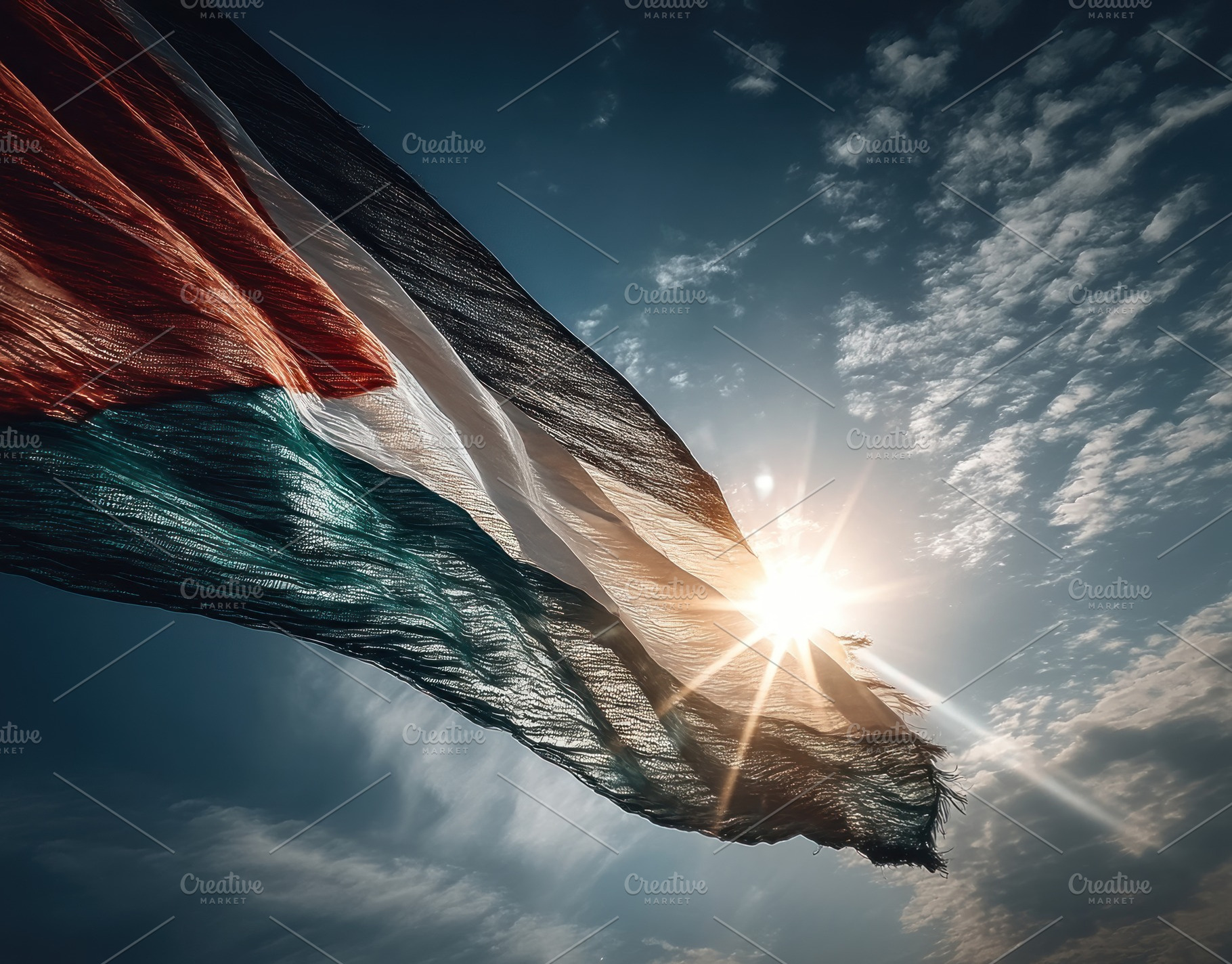Palestinian flag flowing in the wind with sunlight bursting thro, an Animal Photo by José Manuel Gelpi