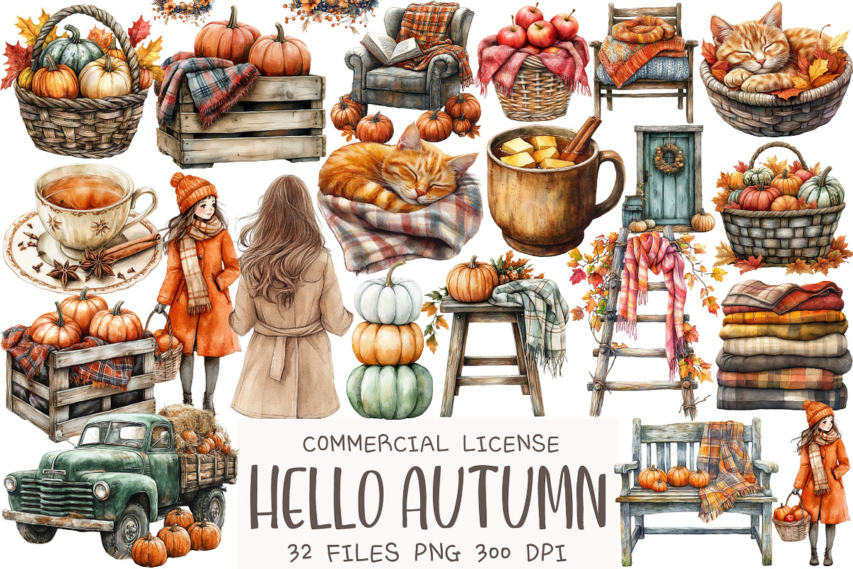 Watercolor Hello Autumn Clipart, an Illustration by OK Design (Photo 1 of 5)