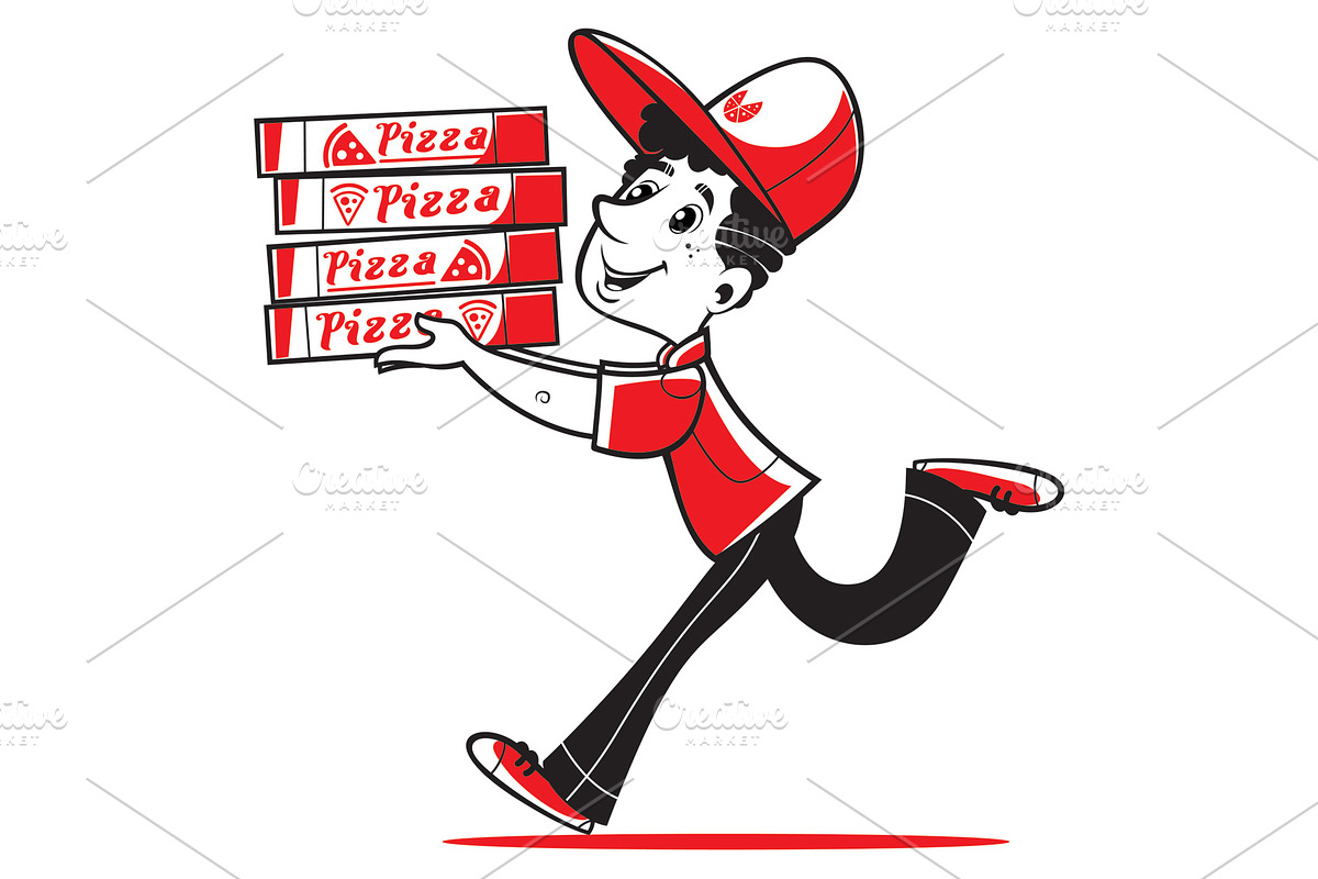 Cartoon pizza delivery. Vector., a Food Illustration by DenisSr