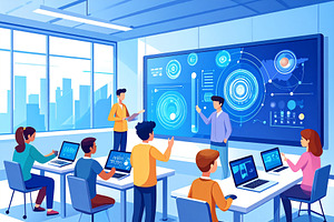 Students interacting with holograms, digital screens, and AI dev, an Education Illustration by DanFLCreativo
