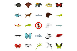 Wild Animals Icons Set, Flat Style