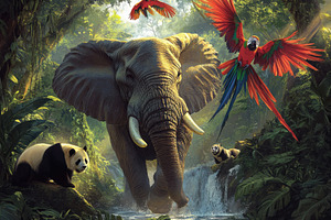 Elephant Panda and Macaws in Lush Ju, a Photo by Pixeness Studio