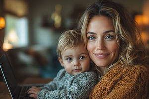 Woman and child enjoy cozy moment in, a Photo by Tanuart