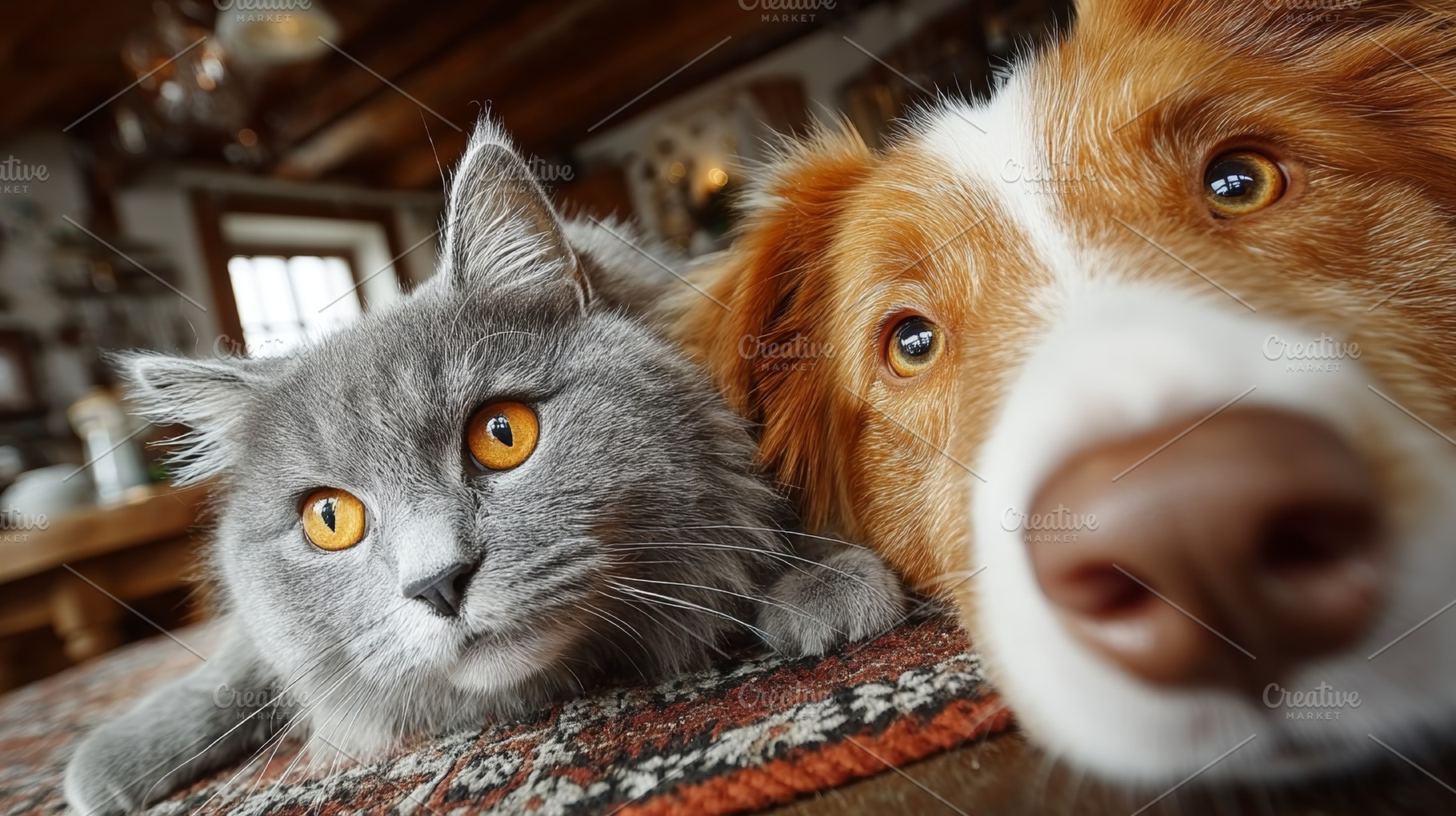 Grey cat and brown and white dog resting close up in a cozy home scene, a Photo by AS photostudio