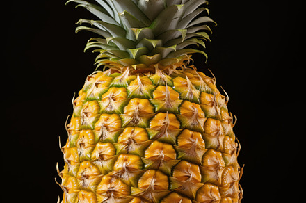 A hand holding a ripe pineapple against a black background. The pineapple is vi, a Food & Drink Photo by Textures & Backgrounds