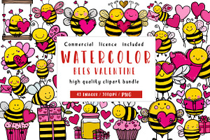 Watercolor Bees Valentine Clipart, an Illustration by CreationArt