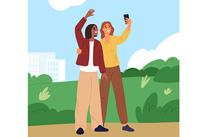 Two cheerful friends take selfie on, a Person Illustration by Vectorbuum