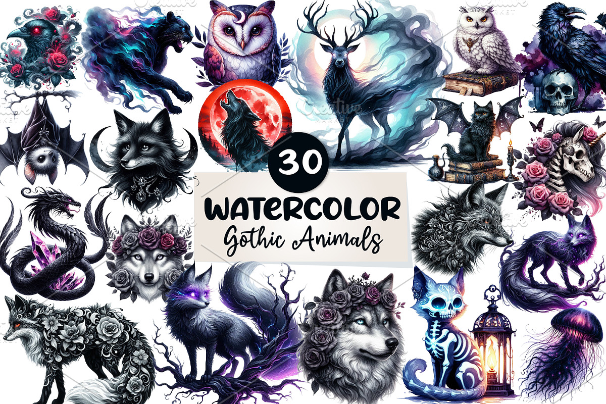 Watercolor Gothic Animals Clipart, an Illustration by CreationArt (Photo 1 of 5)