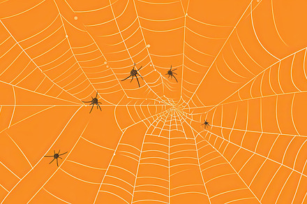 Orange halloween background with spiders web. Generative AI, a Holiday Photo by José Manuel Gelpi