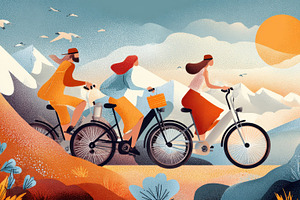 Three friends explore scenic, a Photo by Pavel_design