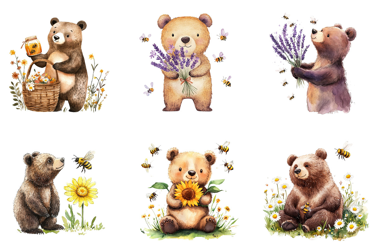 Bear and Bee Watercolor Clipart PNG, a Seasonal Illustration by Designking (Photo 3 of 5)