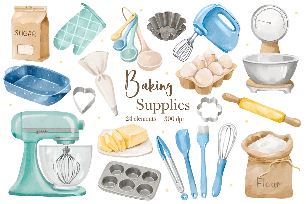 Watercolor Baking Supplies Clipart, a Food Illustration by ArtGiftsStudio (Photo 1 of 4)