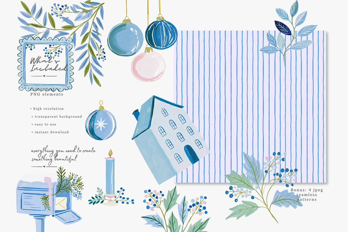 blue Christmas watercolor clipart, a Decorative Illustration by Patishop Art (Photo 2 of 13)