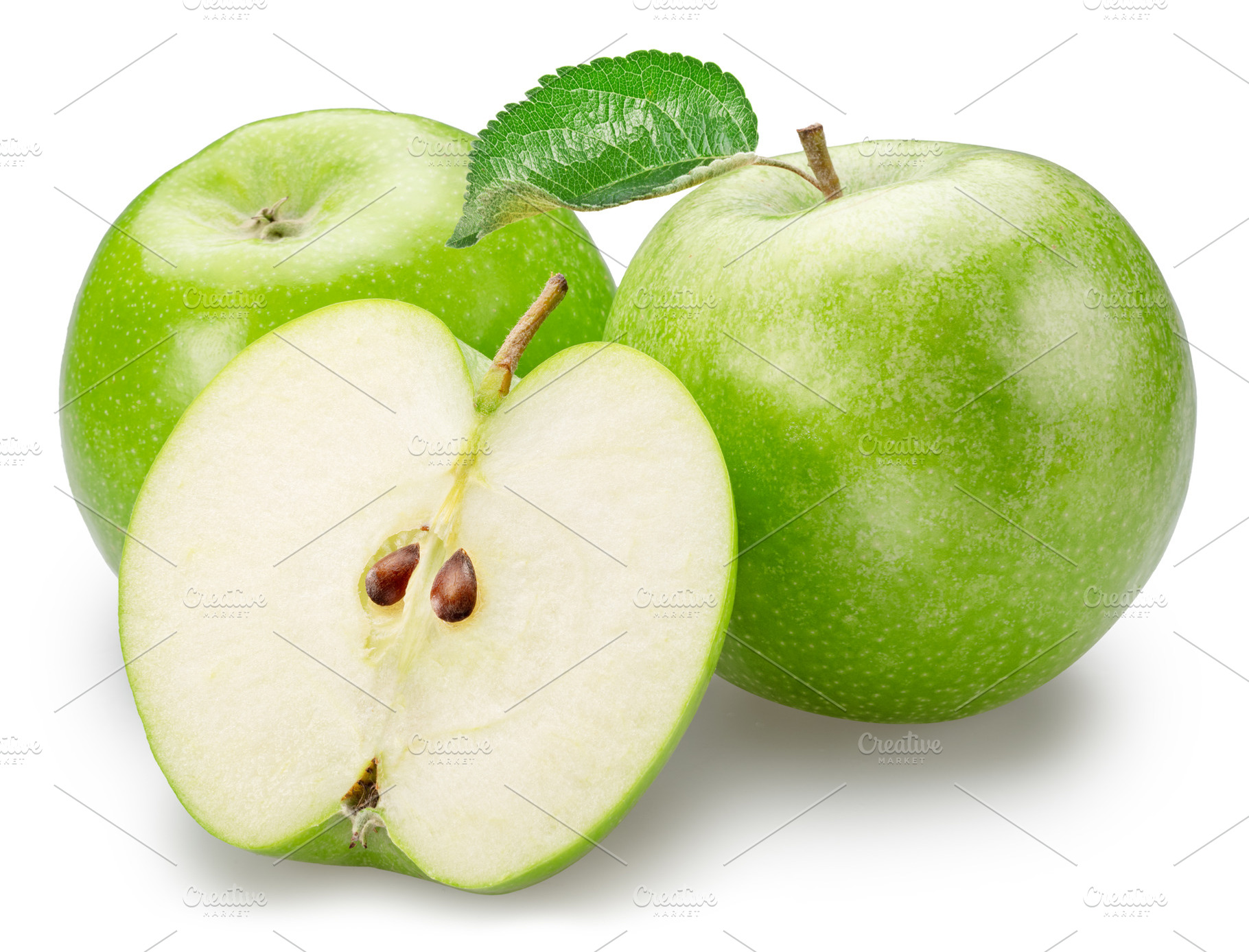 Two green apples with leaf and half, a Food & Drink Photo by Volff