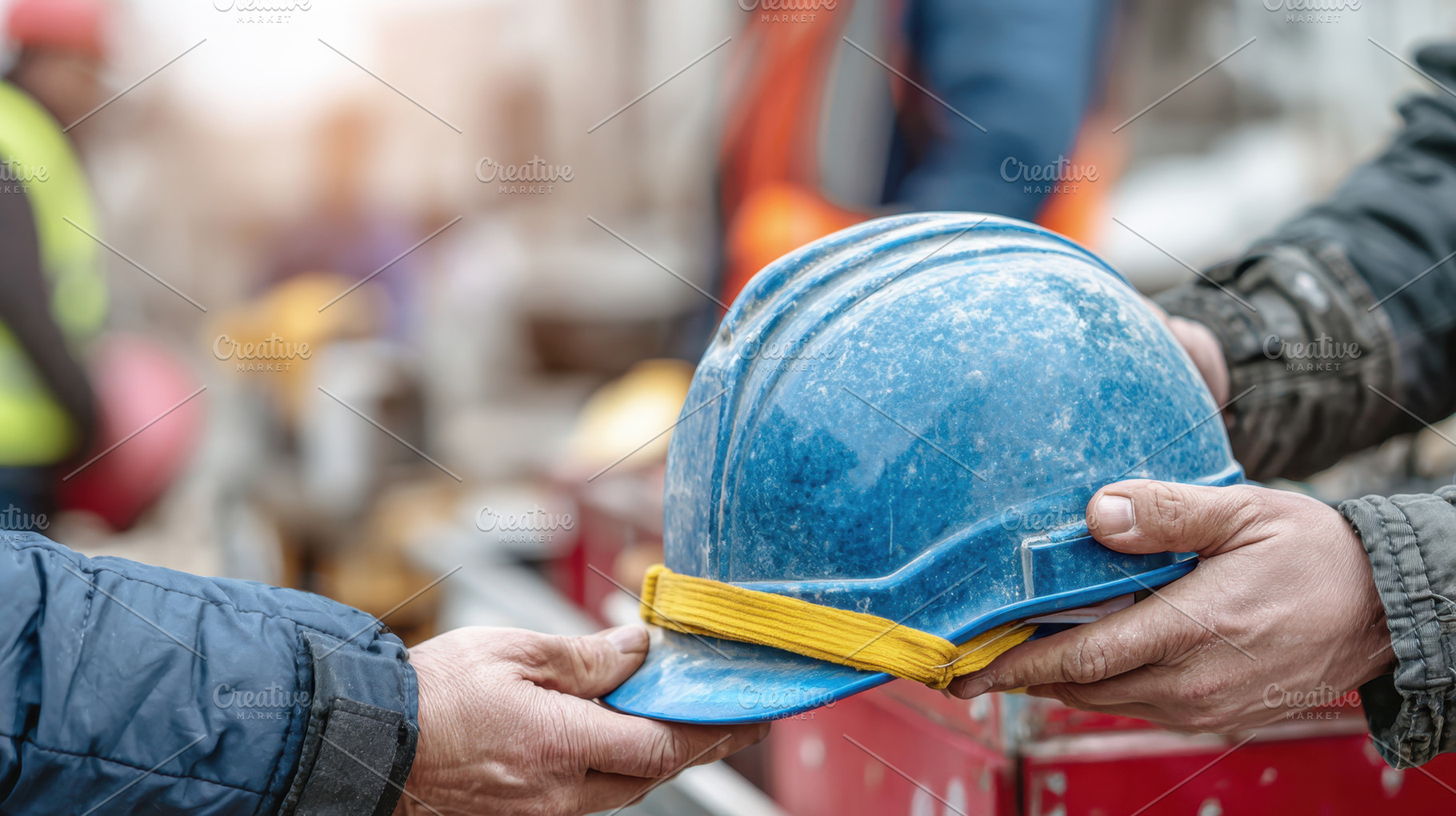 Workers exchange hard hat at site, a Photo by Beautiful things