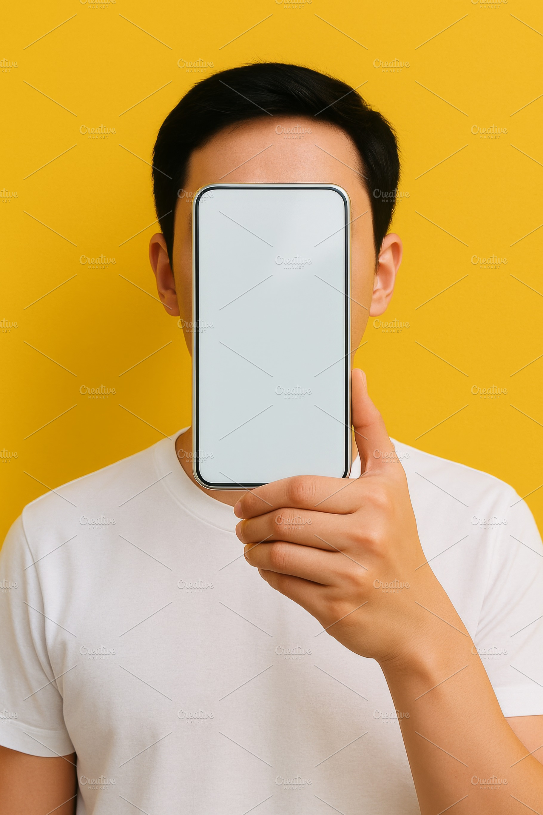 Man covering face with smartphone mockup against vibrant yellow, a Photo by Dvoevnore photos