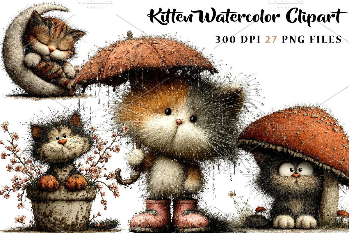 Kitten Watercolor Clipart, a Seasonal Illustration by CreationArt (Photo 1 of 5)