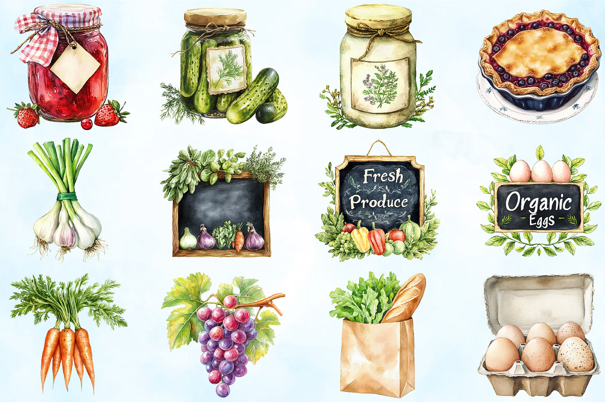 Watercolor Farmer's Market Clipart, an Illustration by Craft Nest (Photo 2 of 9)