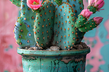 Vibrant Cactus with Pink Flowers in a Turquoise Pot Against a Pink Background, a Photo by AS photostudio