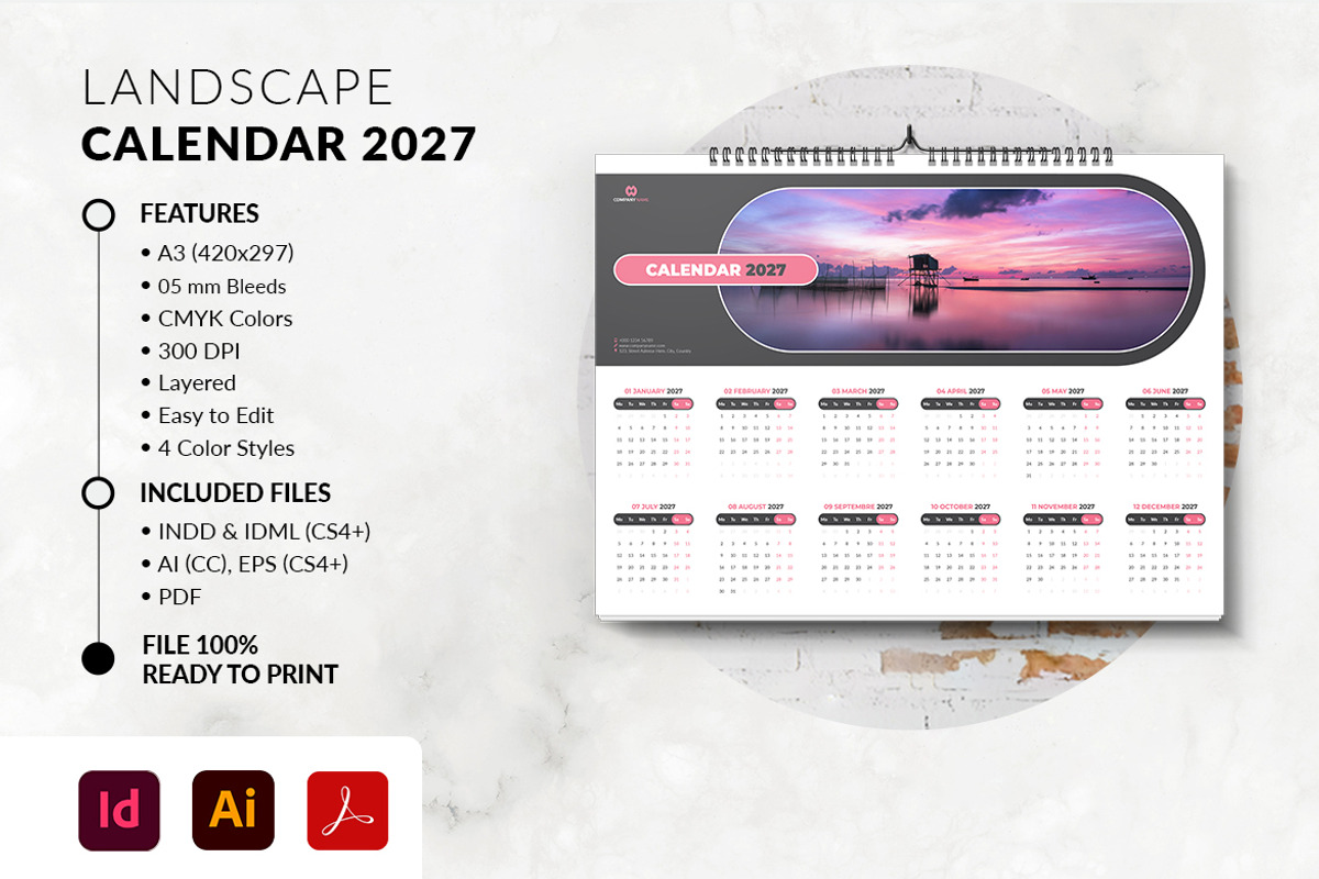 Landscape Calendar 2027 Template, a Stationery Template by MstArtwork (Photo 3 of 5)