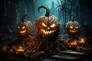 Creepy Evil Pumpkins In Dark Haunted