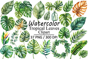 Watercolor Tropical Leaves Clipart, an Illustration by Design Market