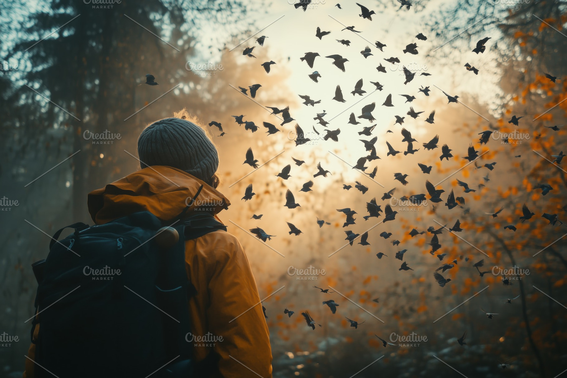 A ornithologist person in a yellow jacket stands in a forest, surrounded by fly, a Person Photo by Textures & Backgrounds