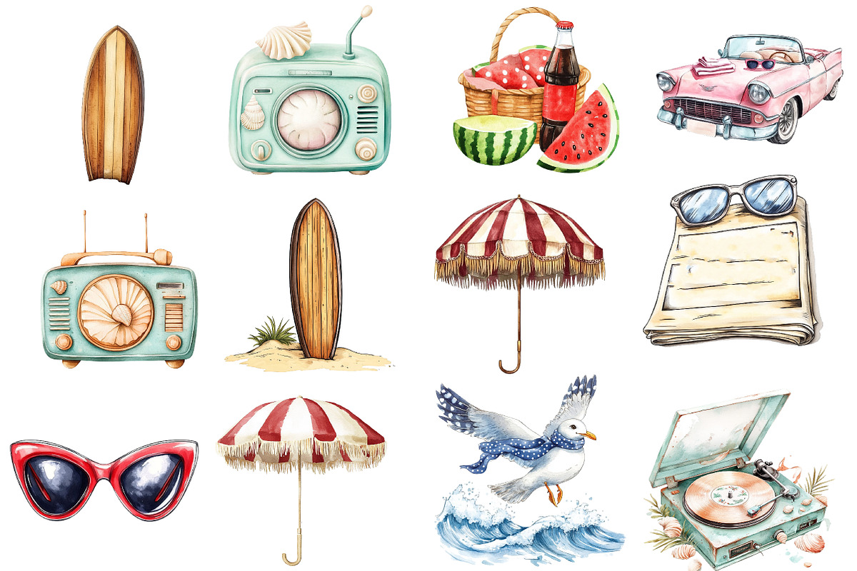 1950s Style Beach Day Clipart, an Illustration by Watercolor design (Photo 2 of 5)