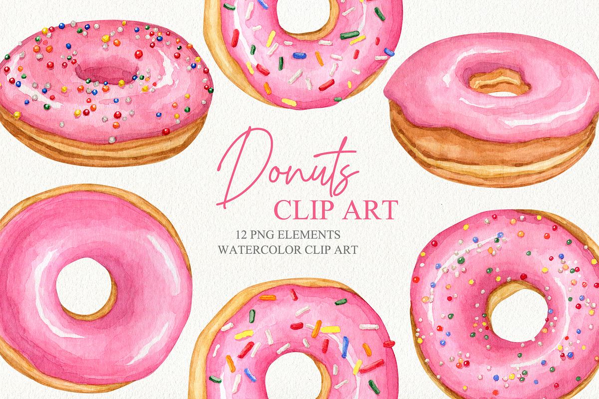 Watercolor donuts collection, a Food Illustration by CrystalinaShop (Photo 3 of 4)