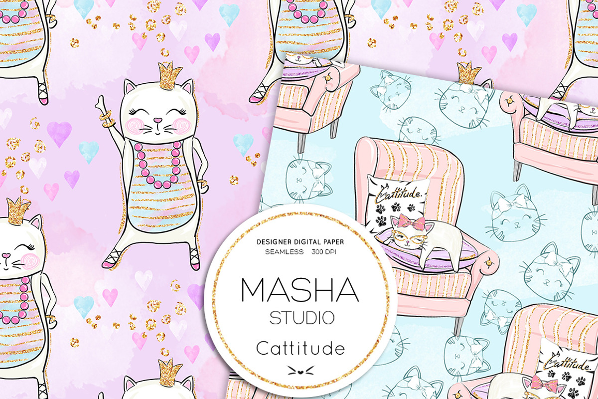 CATTITUDE digital papers, a Pattern Graphic by Masha  Studio (Photo 4 of 9)