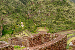 Ancient Inca ruins of Pisac nestled in the Andean mountains, Per, a Photo by GoodGoods