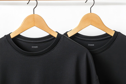 Two black t-shirts on wooden hangers, a Background Photo by Pixeness