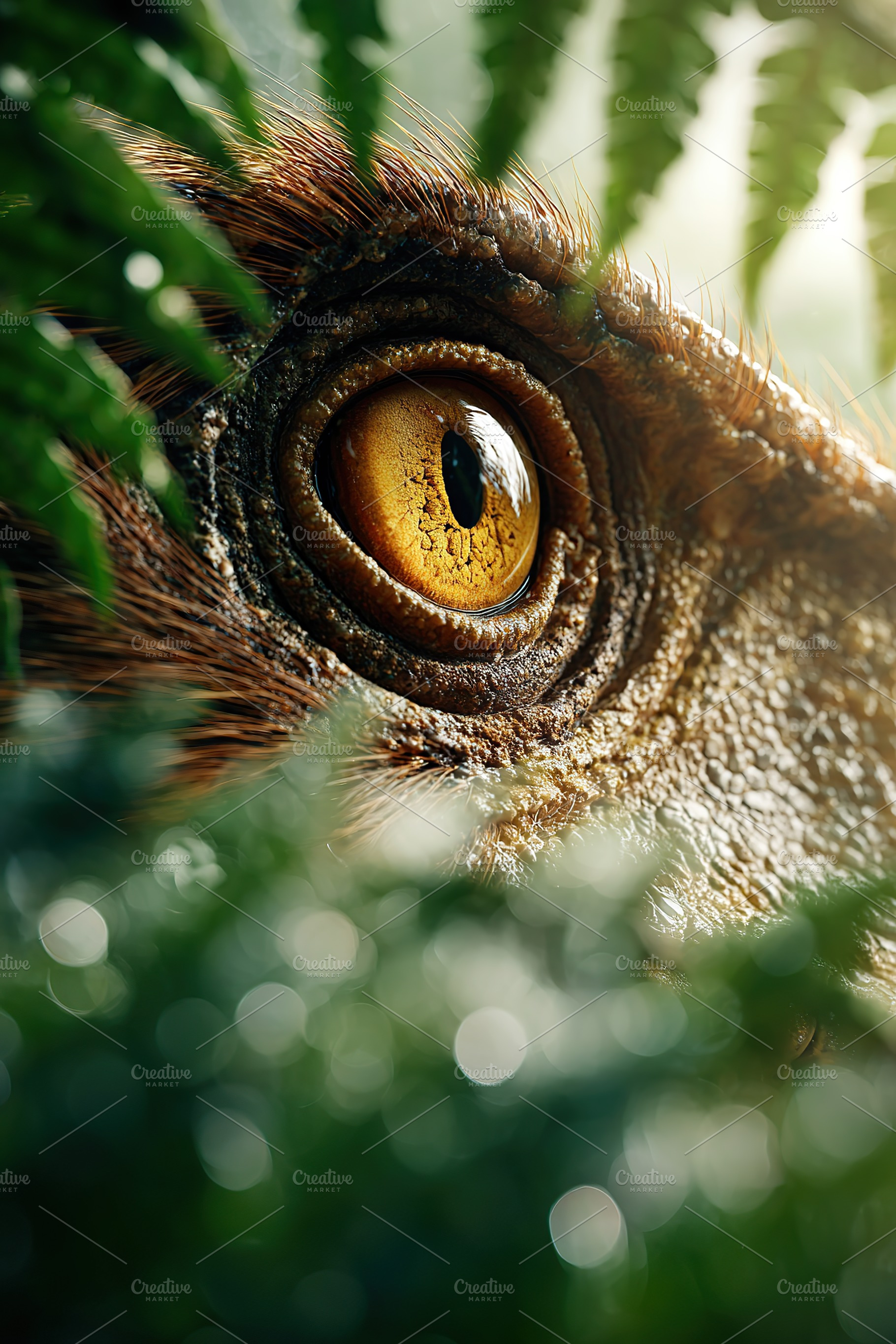 Velociraptor's eye peering through lush ferns in a dense prehistoric jungle, an Animal Photo by AlyaAnd